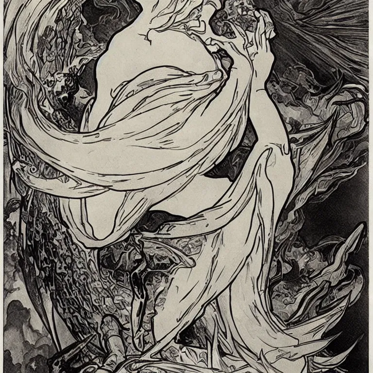 Image similar to Godzilla, Alphonse Mucha