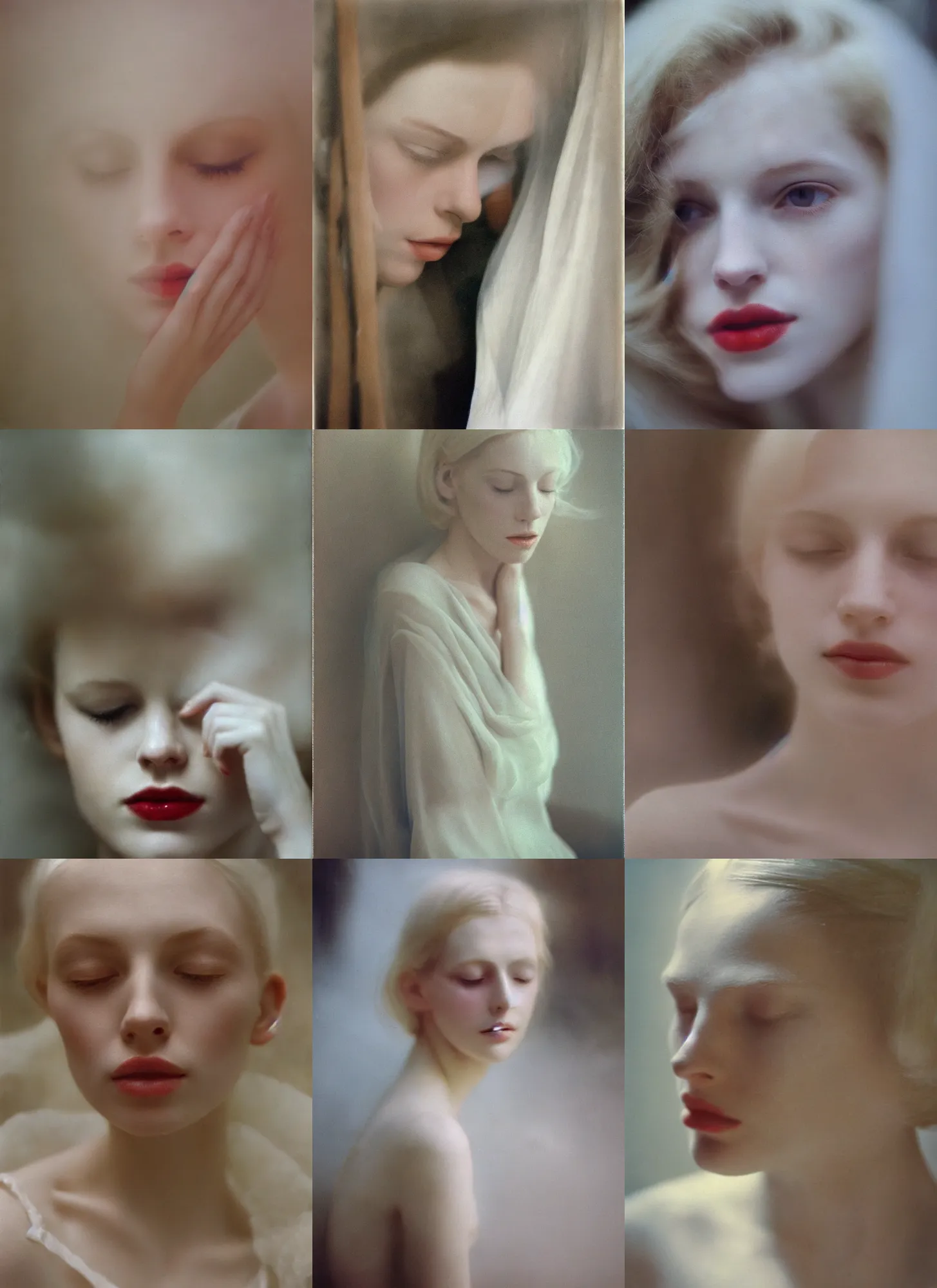 Prompt: dof, photorealistic portrait of a beautiful aesthetic pale blonde woman by saul leiter, translucent white skin, closed eyes, foggy