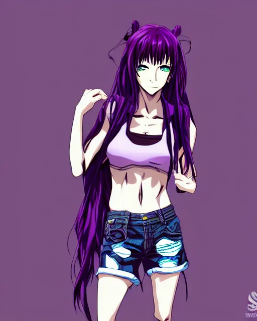 Image similar to style of madhouse studio anime, black lagoon manga, loish, artgerm, comic art, portrait of revy from black lagoon, symmetrical eyes and symmetrical face, jean shorts, white tank top, purple hair, sarcastic evil smirk on face, sky and ocean background