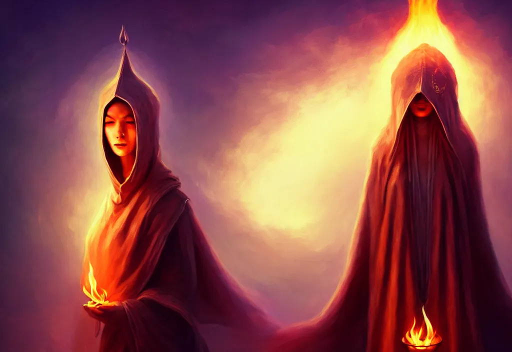 Image similar to ( a priestess with a hood that covers half her face carries an incense burner that emits a pleasantly colored flame. ) by anato finnstark, dream, full body portrait, dynamic lighting, beautiful, trending on artstation, wallpaper, 4 k, award winning, digital art, very detailed faces