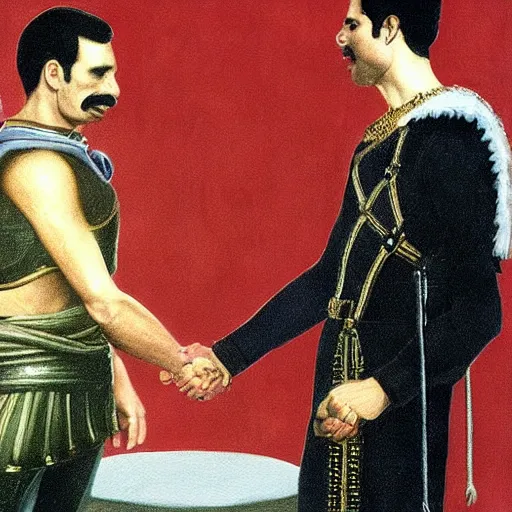 Image similar to freddie mercury shaking hands with julius caesar, painting 4 k masterpiece