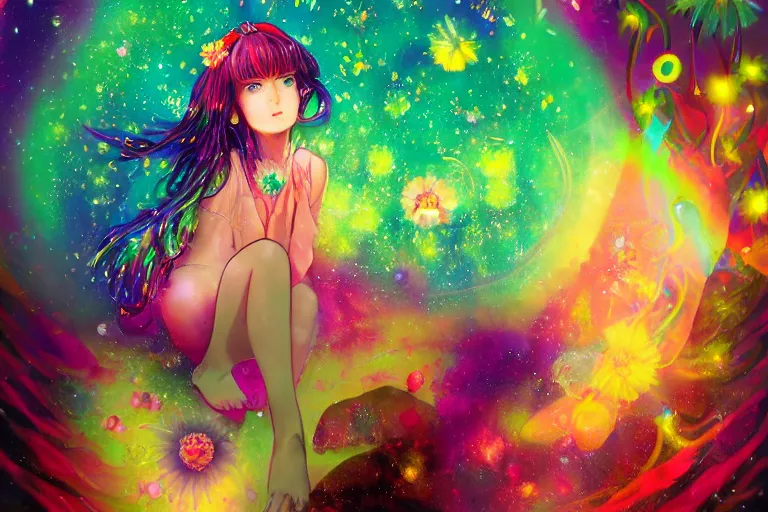 Prompt: psychedelic, whimsical, anime, 4k, beautiful lusty woman smoking weed, with professional makeup, long trippy hair, a crystal and flower dress, sitting on a reflective pool, surrounded by gems, underneath the stars, rainbow fireflies, trending on patreon, deviantart, twitter, artstation, volumetric lighting, heavy contrast, art style of Greg Rutkowski and Miho Hirano and Ross Tran