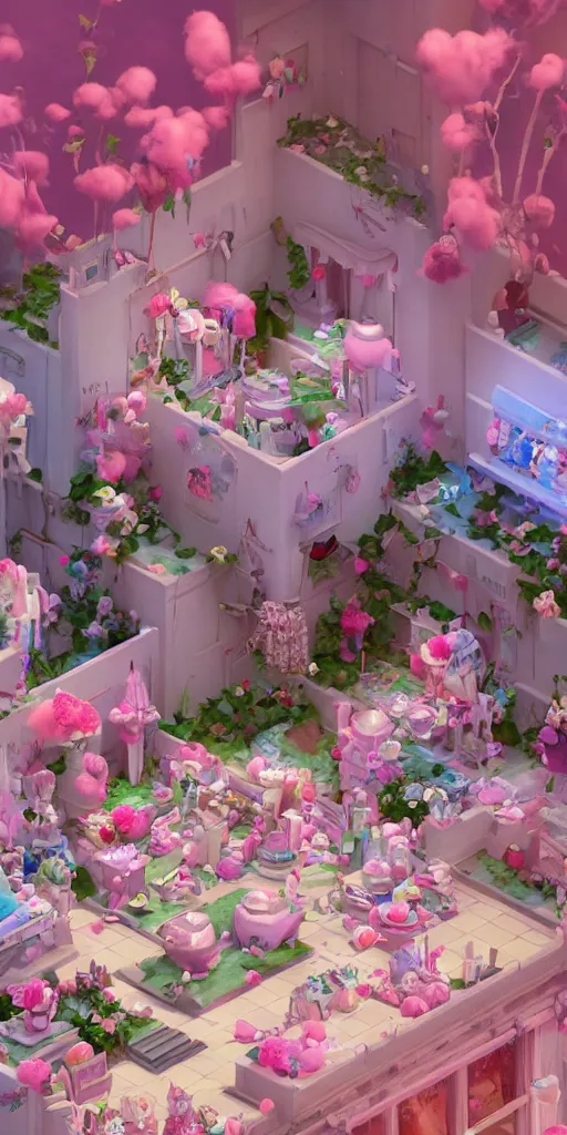 Image similar to Isometric Fantasy Room made of cotton candy and roses, trending on artstation, 4k, 8k, overhead view, unreal engine, octane, artstation 3d, artstation 3d render, artstation photography