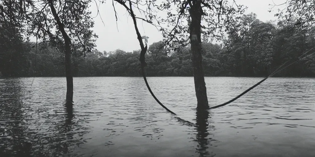 Image similar to symmetrical photograph of a very long rope on the surface of the water, the rope is snaking from the foreground towards the center of the lake, a dark lake on a cloudy day, trees in the background, moody scene, dreamy kodak color stock, anamorphic lens