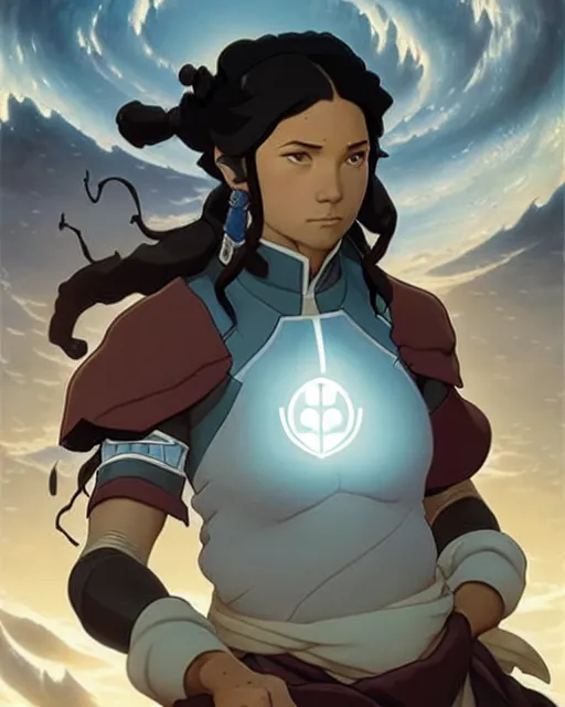 Image similar to korra from the legend of korra, character portrait, concept art, intricate details, highly detailed by greg rutkowski, michael whelan and gustave dore