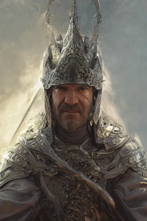 Image similar to portrait of antonio banderas as holy paladin, fantasy, d&d, intricate, highly detailed, smooth, artstation, digital illustration by Ruan Jia and Mandy Jurgens and Artgerm and Wayne Barlowe and Greg Rutkowski and Zdislav Beksinski