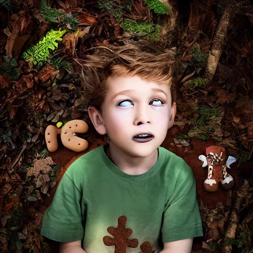 Image similar to A lost boy in the woods finds gingerbread crumbs, XF IQ4, 150MP, 50mm, f/1.4, ISO 200, 1/160s, natural light, Adobe Photoshop, Adobe Lightroom, DxO Photolab, Corel PaintShop Pro, rule of thirds, symmetrical balance, depth layering, polarizing filter, Sense of Depth, AI enhanced, sharpened, denoised, HDR, clean