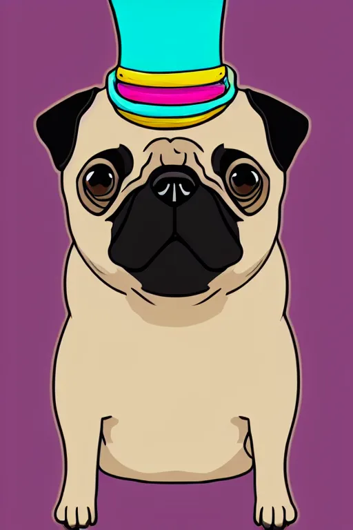 Image similar to A portrait of a pug with a top hat, sticker, colorful, illustration, highly detailed, smooth and clean vector curves, no jagged lines, vector art, smooth