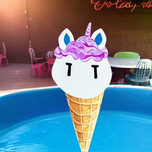 Prompt: a unicorn eating an ice cream on a sun bed