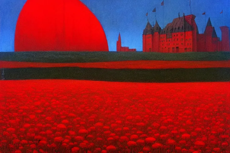 Image similar to only with red, red flowers of different types, a castle in the background, red giants rest over the flowers, in the style of beksinski, part by hopper, part by rodcenko, part by hofbauer, intricate composition, red by caravaggio, insanely quality, highly detailed, masterpiece, red light, artstation, 8 k