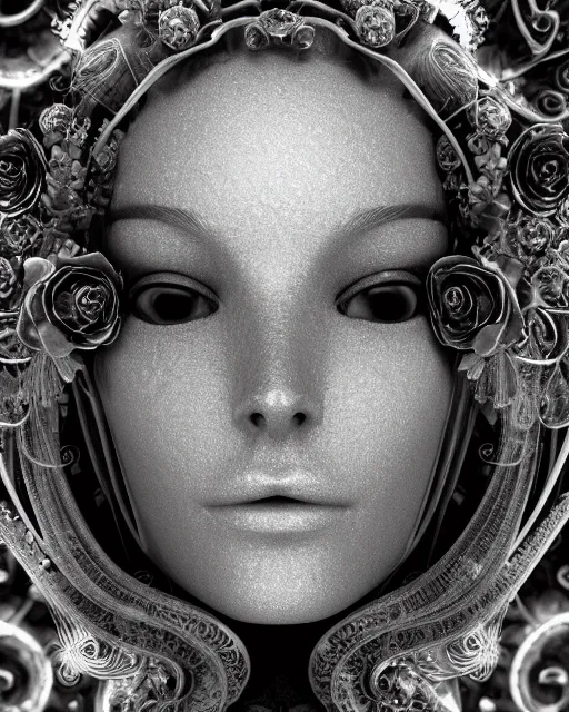 Image similar to mythical dreamy black and white organic bio - mechanical spinal ribbed profile face portrait detail of translucent steampunk beautiful female angelic - human - queen - vegetal - cyborg, highly detailed, intricate crystal ivy jelly ornate, poetic, translucent roses ornate, 3 d render, digital art, octane render, 8 k artistic photography, photo - realistic, by dora maar