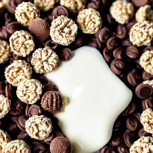 Image similar to a closeup shot of vanilla yoghurt with chocolate cereal. Highly detailed