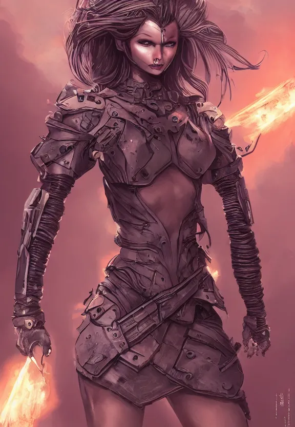 Image similar to mad warrior girl concept art, symmetrical, short dress, glowing eyes, detailed body, full body, detailed face, ultradetailed digital illustration, 8 k, epic atmosphere, digital art by simon cowell and moebius