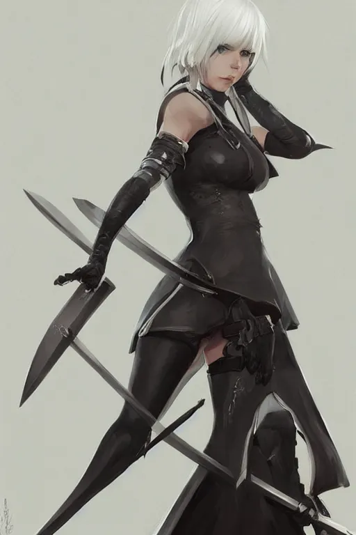 Prompt: 2 b nier automata holding a sword, d & d, fantasy, portrait, highly detailed, headshot, digital painting, trending on artstation, concept art, sharp focus, illustration, art by artgerm and greg rutkowski and magali villeneuve