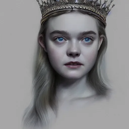 Prompt: a striking hyper real concept art of Elle Fanning with a crown by Masanori Warugai