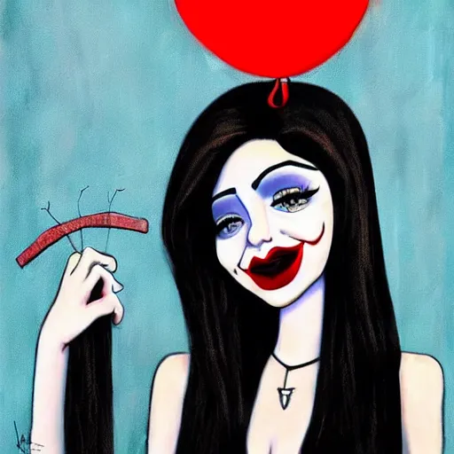 Image similar to grunge cartoon painting of kylie jenner with a wide smile and a red balloon by chris leib, loony toons style, pennywise style, corpse bride style, horror theme, detailed, elegant, intricate