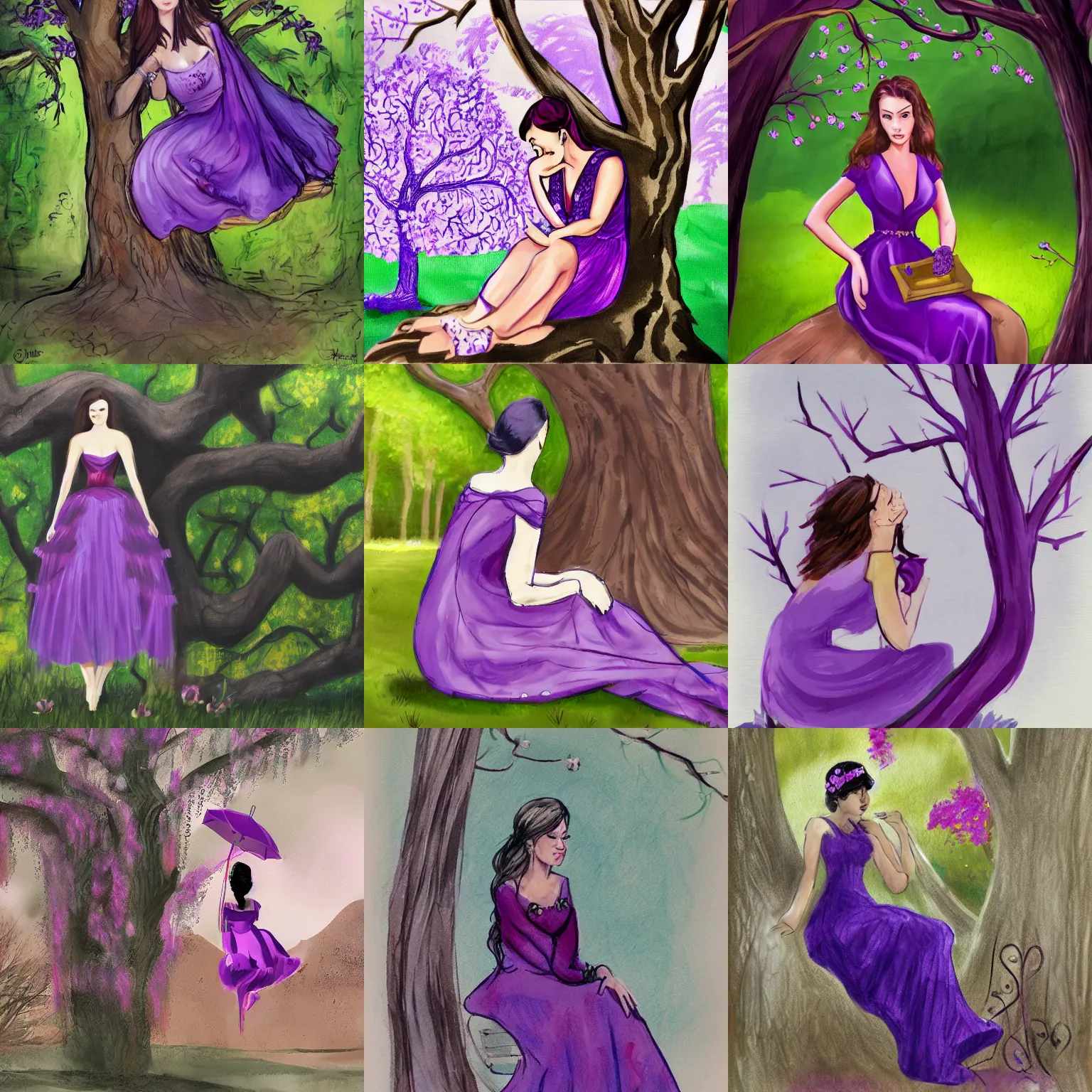 Prompt: pretty lady in purple dress sitting in a tree, concept art