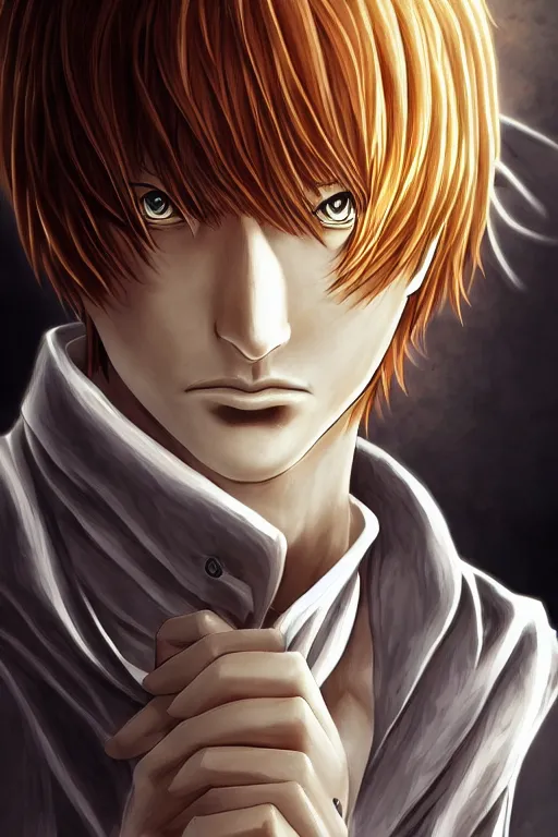 Image similar to light yagami, god of the new world, highly detailed, digital art, sharp focus, trending on art station, death note