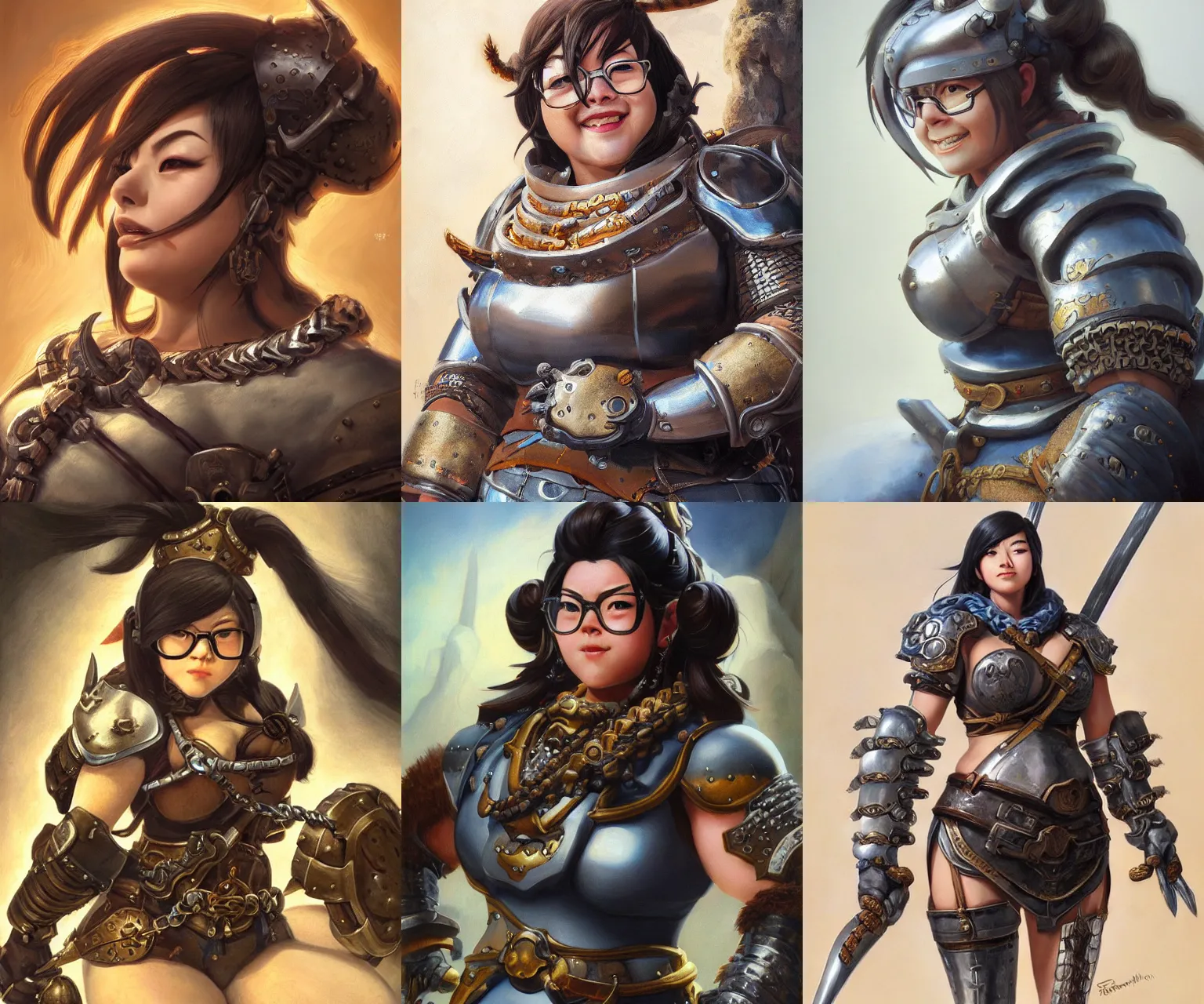 Prompt: detailed portrait of mei from overwatch as a robust medieval warrior wearing iron chainmail, intricate, hyper detailed, realistic, oil painting, by boris vallejo, frank frazetta, cinematic lighting