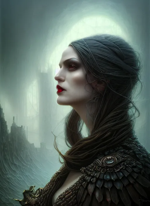 Prompt: closeup portrait shot of a female vampire in a scenic dystopian environment, intricate, elegant, highly detailed, centered, digital painting, artstation, concept art, smooth, sharp focus, illustration, artgerm, tomasz alen kopera, peter mohrbacher, donato giancola, joseph christian leyendecker, wlop, boris vallejo