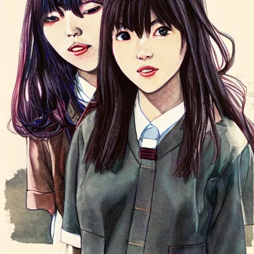 Prompt: a perfect, realistic professional digital sketch of two 90s Japanese schoolgirls posing, in style of Marvel, full length, by pen and watercolor, by a professional American senior artist on ArtStation, a high-quality hollywood-style sketch, on high-quality paper