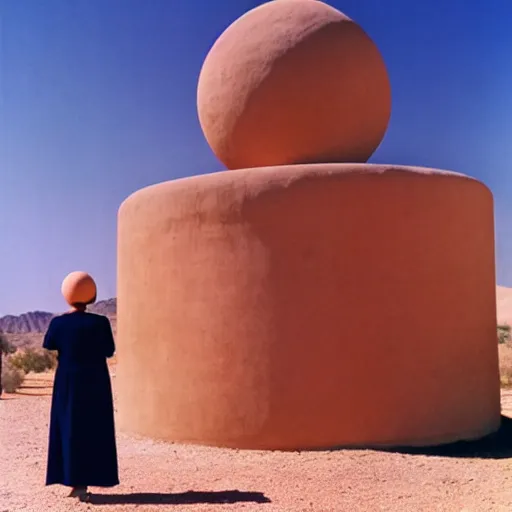 Image similar to lustful woman standing outside a Non-Euclidean orb-like clay house sitting in the desert and looking at her phone, vintage photo, beautiful cinematography, blue sky, film grain, James Turrell