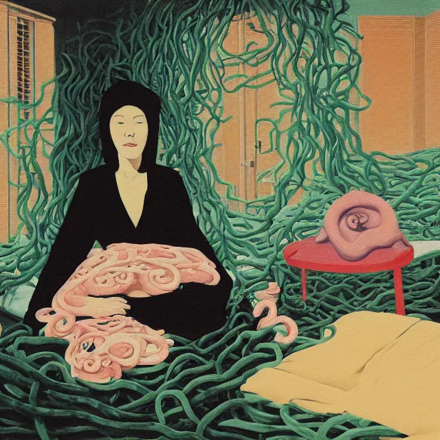 Image similar to a female pathology student in her apartment, wrapped in vines, medical equipment, zen, stepping stones, octopus, pig, black walls, ikebana, black armchair, sculpture, acrylic on canvas, surrealist, by magritte and monet