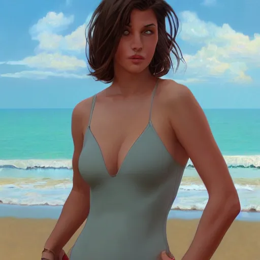 Image similar to full body portrait of addison rae wearing a skintight dress in a beach, large thighs, intricate, elegant, highly detailed, digital painting, artstation, smooth, sharp focus, illustration, art by artgerm and greg rutkowski and alphonse mucha, 8 k