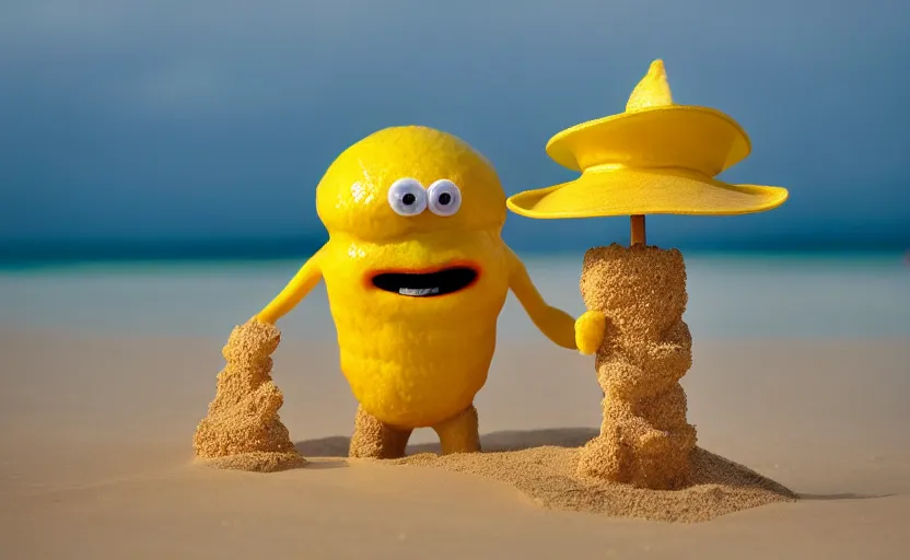 Image similar to 5 0 mm photograph, of a real anthropomorphic lemon character, with lemon skin texture, it is wearing a hat and scuba diving, building a sandcastle on the beach at sunset, beach, huge waves, sun, clouds, tropical trees, rim light, cinematic photography, professional, sand, sandcastle, volumetric lightening