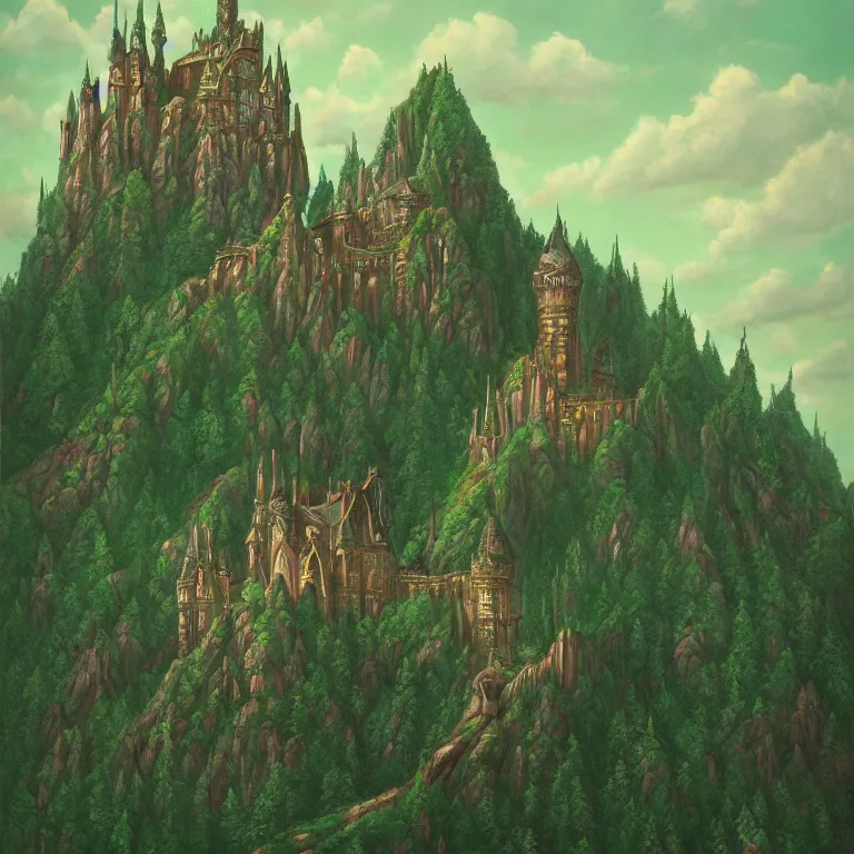 Prompt: a beautiful ultradetailed painting of high fantasy surreal arcane castle on a green mountain above a forest by wes anderson trending on artstation