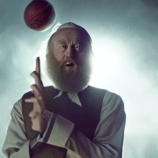 Image similar to dumbledore playing basketball, film still, cinematic lighting