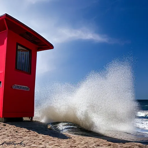 Image similar to a wave crashing into a lifeguard tower at the beach.