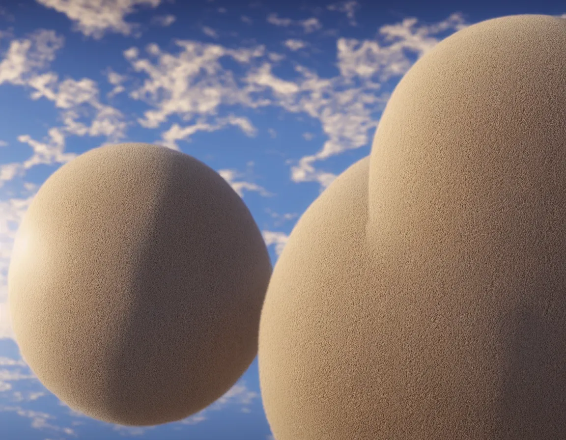 Image similar to 3 d rendering o photorealistic flying sandy beach sphere / planet, beautiful soft lighting, fluffy clouds