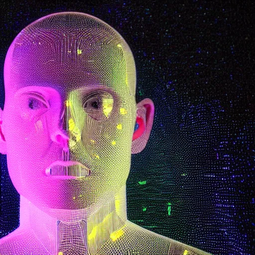 Image similar to a 3d human head made up of shiny holograms