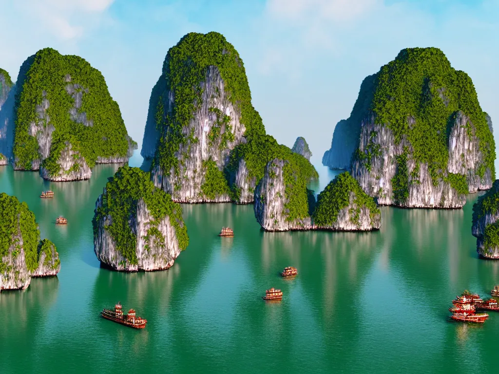 Prompt: majestic Halong Bay, hdr, ue5, unreal engine 5, cinematic 4k wallpaper, ultra detailed, high resolution, artstation, award winning.