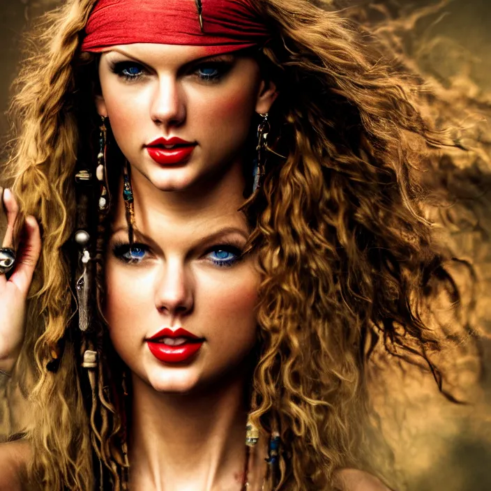 Prompt: photographic portrait face of Taylor Swift of Jack Sparrow, high light on the left, illuminated by a dramatic light, Low key lighting, light dark, High constrast, dramatic , Steve Mccurry, Greg Rutkowski, Alphonse Mucha, high quality, photo-realistic, four fingers maximum ,8K