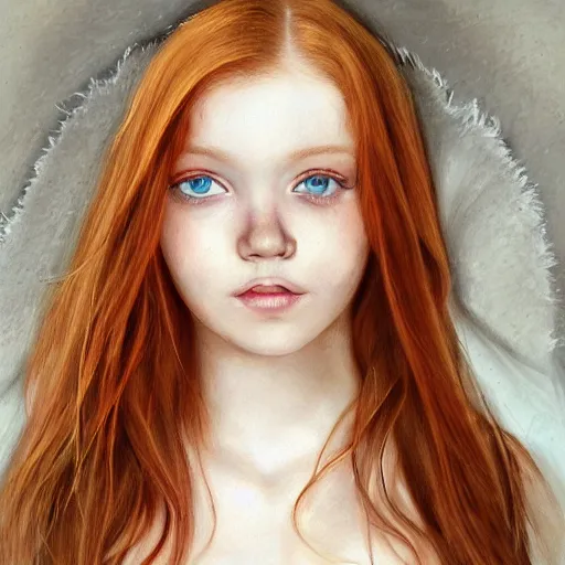 Image similar to a photorealistic!! portrait!! of a beautiful ginger girl with beautiful eyes looking at the camera