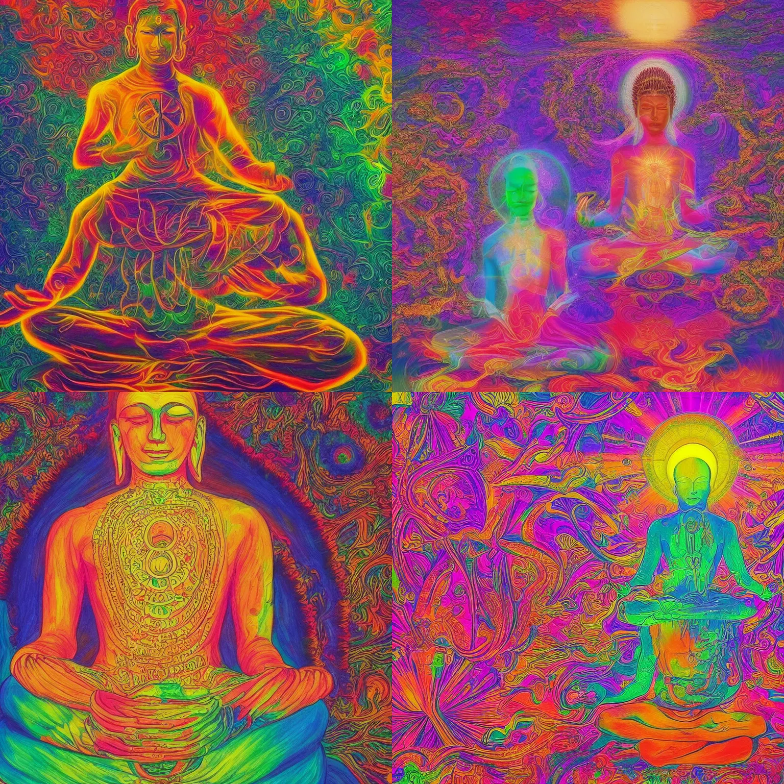 Prompt: human meditating supreme peace immense knowledge infinite color dmt art smiling