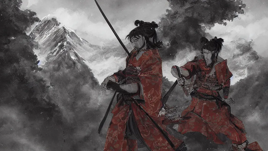 Prompt: samurai standing at the peak of a mountain, japanese style, majestic, digital painting, cinematic lightning, highly detailed, trending on artstation
