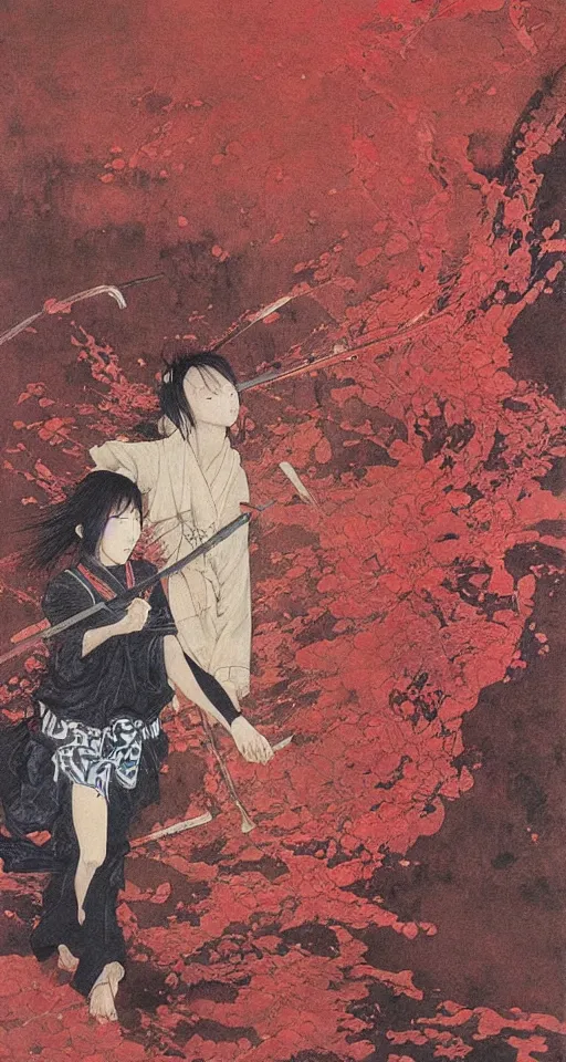 Image similar to Japanese schoolgirl runs away from Samurai with a katana on the subway, high detailed Beksinski painting, part by Adrian Ghenie and Gerhard Richter. art by Takato Yamamoto. masterpiece, deep colours, red