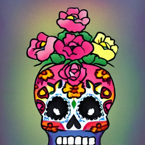 Prompt: A Boy with the Head of a Mexican Day of the Dead Calavera Sugar Skull for a Head