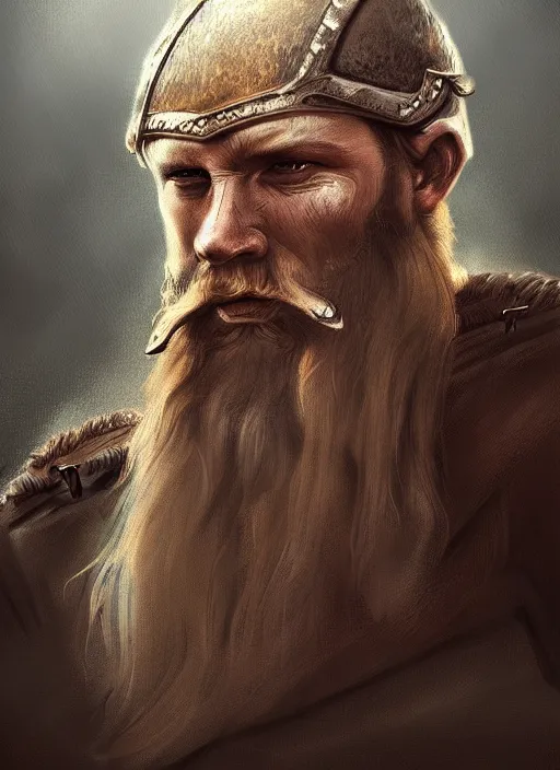 Image similar to viking looking tired, portrait, dramatic light, fierce, digital painting