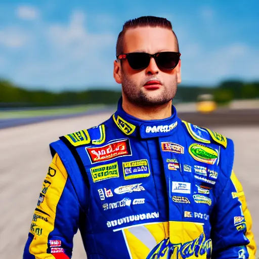 Prompt: portrait photograph of Riff Raff as a NASCAR driver, 4k photo depth of field