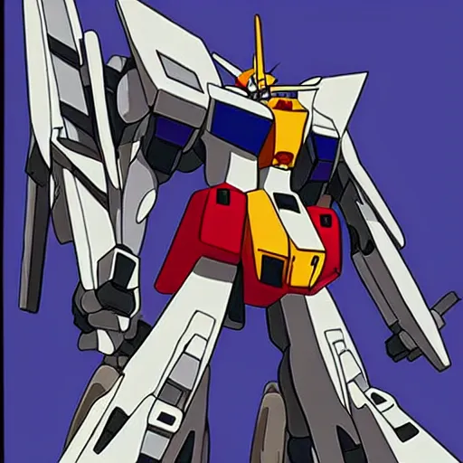 Prompt: Gundam Mech holding a Transgender flag art in the style of artist Syd Mead