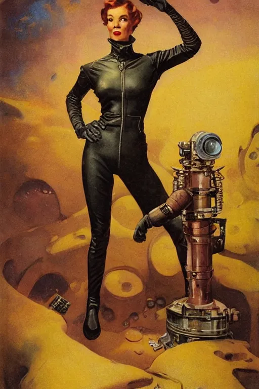 Image similar to 5 0 s pulp scifi fantasy illustration full body portrait slim mature woman in leather spacesuit on mars, baobab tree, by norman rockwell, roberto ferri, daniel gerhartz, edd cartier, jack kirby, howard v brown, ruan jia, tom lovell, frank r paul, jacob collins, dean cornwell, astounding stories, amazing, fantasy, other worlds