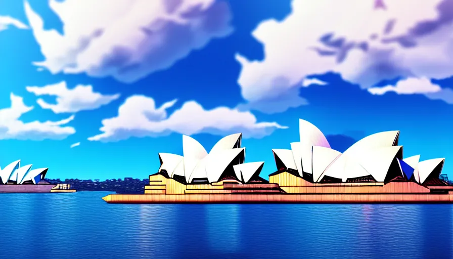 Image similar to scenic view of sydney opera house, in the style of makoto shinkai, sunny, blue skies, soft clouds, anime, 4 k, detailed