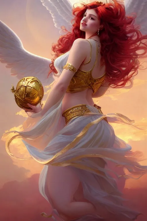 Image similar to beautiful angel princess flying in the sky, full body shot, red hair, d & d, fantasy, intricate, elegant, golden inlays, highly detailed, digital painting, artstation, concept art, matte, sharp focus, illustration, hearthstone, art by artgerm and greg rutkowski and alphonse mucha