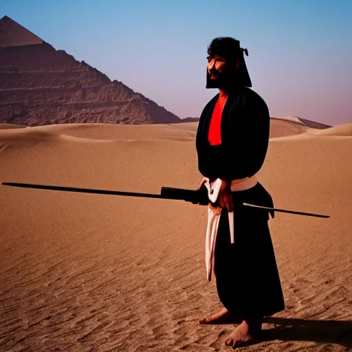 Image similar to egyptian samurai holding a katana, standing in desert