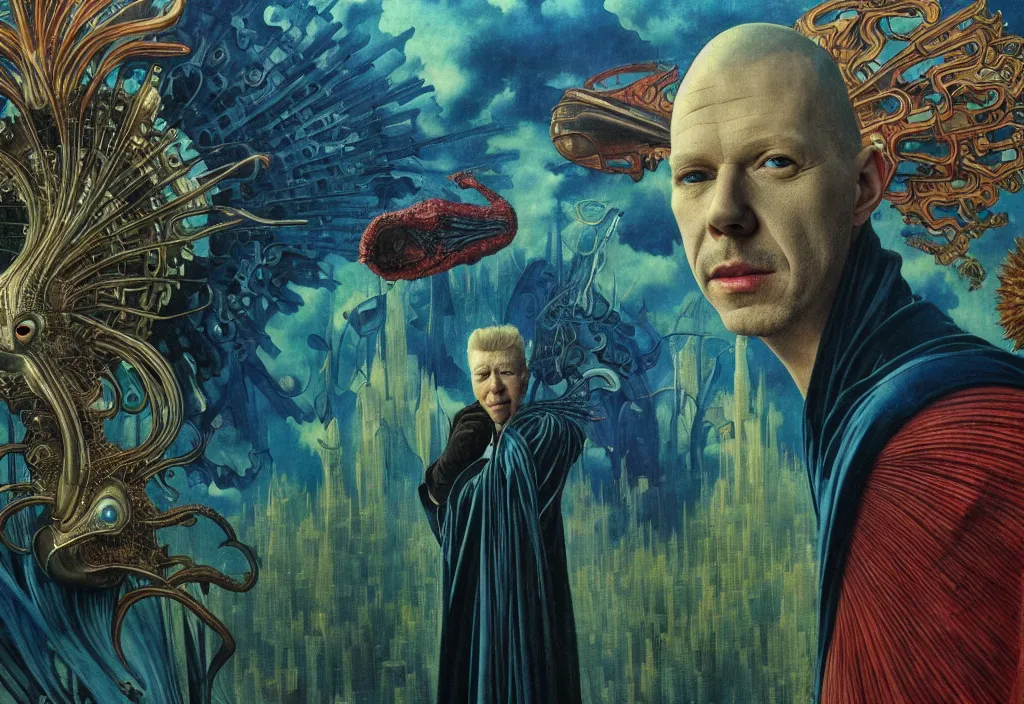 Image similar to realistic detailed portrait movie still of a birdman wearing dark robes, sci fi city landscape background by denis villeneuve, amano, yves tanguy, alphonse mucha, ernst haeckel, max ernst, roger dean, david lynch, masterpiece, rich moody colours, blue eyes, snarling dog teeth