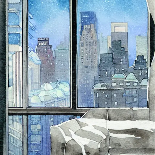 Prompt: modern loft overlooking central park in a blizzard, in watercolor gouache detailed paintings, moebius, blueprint, art nouveau